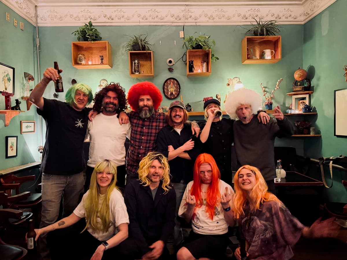 Large group in colorful wigs posing together indoors