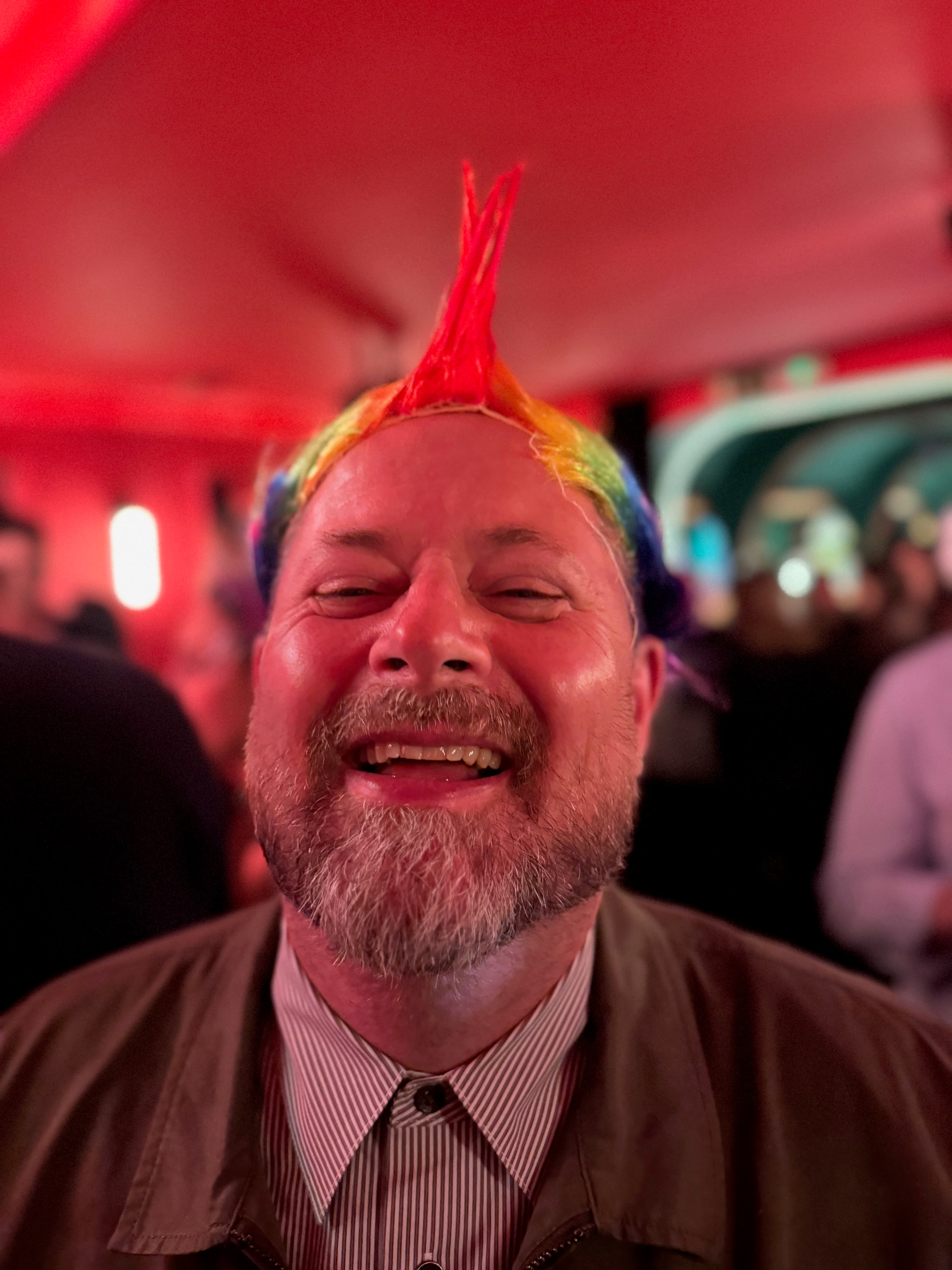 Close-up of a guest in a wig during the late-night party run
